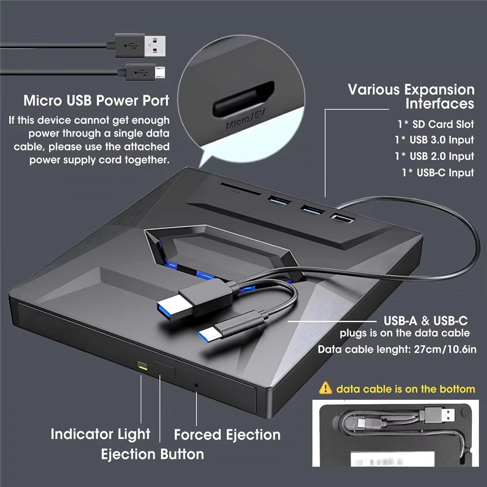 External CD DVD Drive Reader Writer CD Burner USB3.0 Type-C for PC Windows 11 10