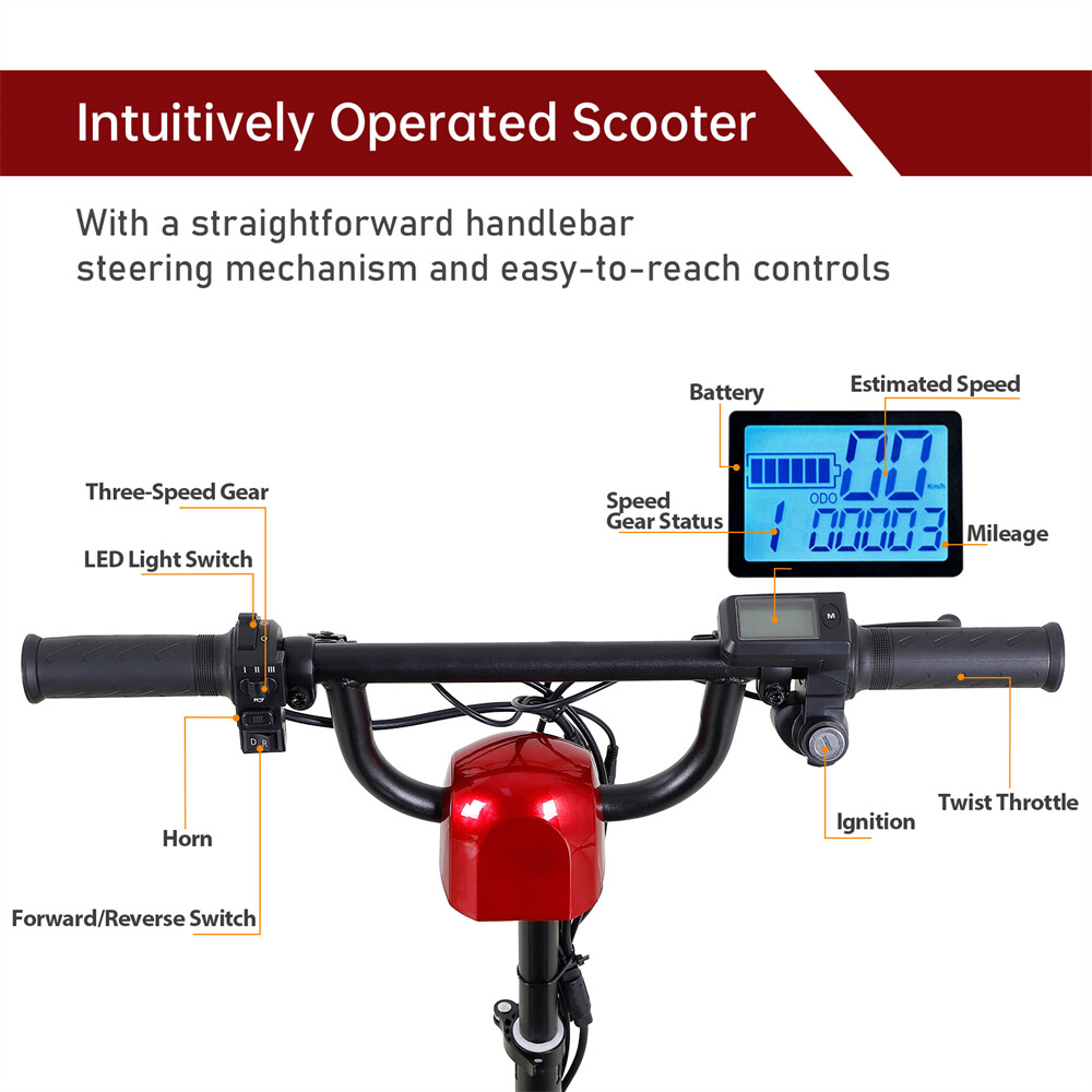 Lightweight 3-Wheel Travel Mobility Scooter 30 Miles 350W 3-Speed 220lb Capacity