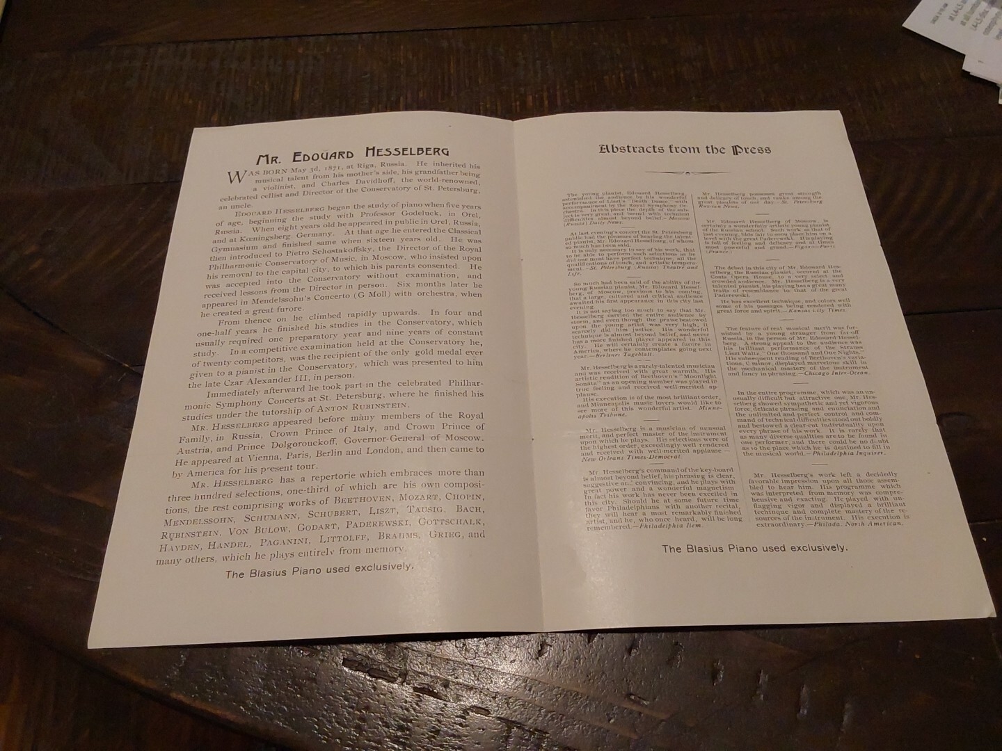 Russian Pianist Composer EDOUARD HESSELBERG 1890s First American Tour Program
