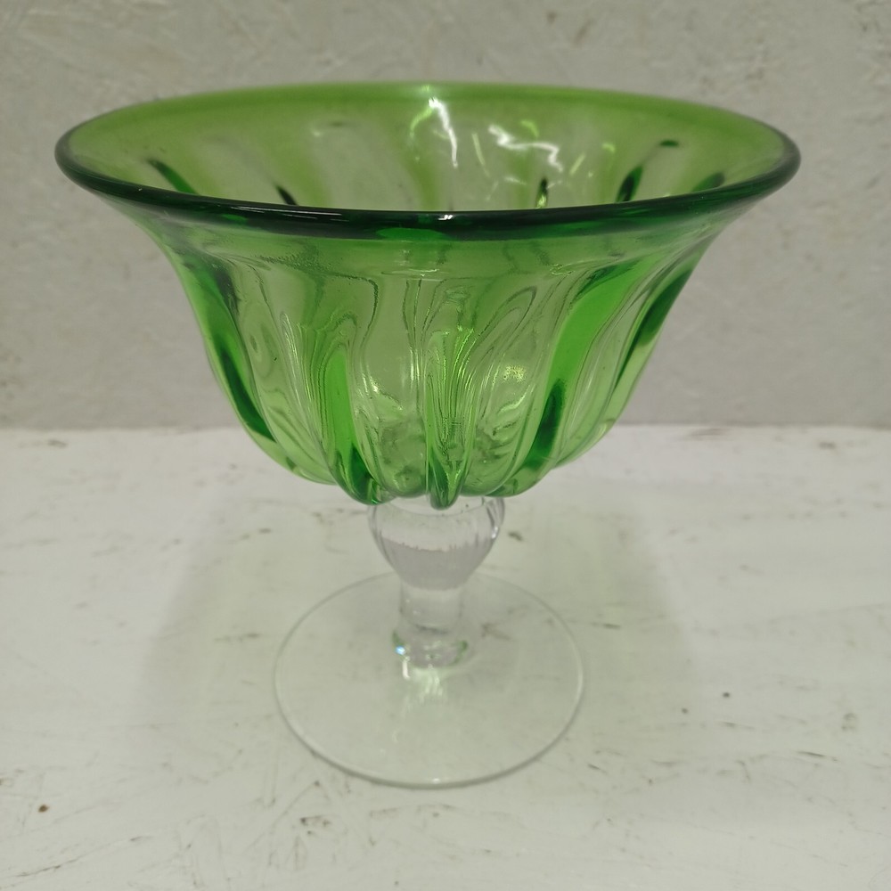 Hand Blown Fluted Compote Dish Bowl green and clear 6.75"