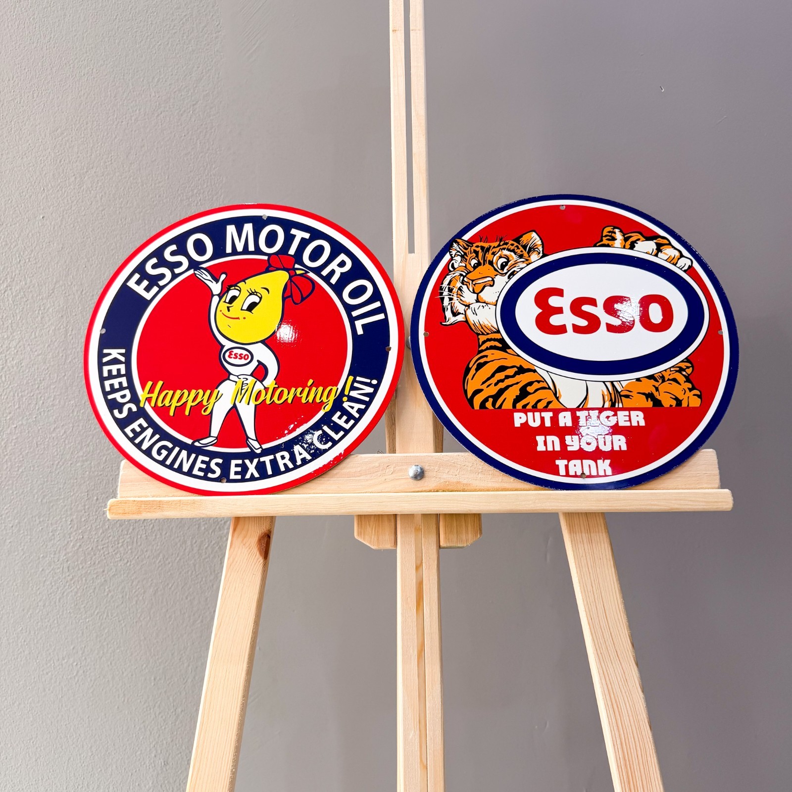 Esso Vintage Metal Sign Set of 2 Happy Motoring Female & Tiger – 30 cm / 11.8”