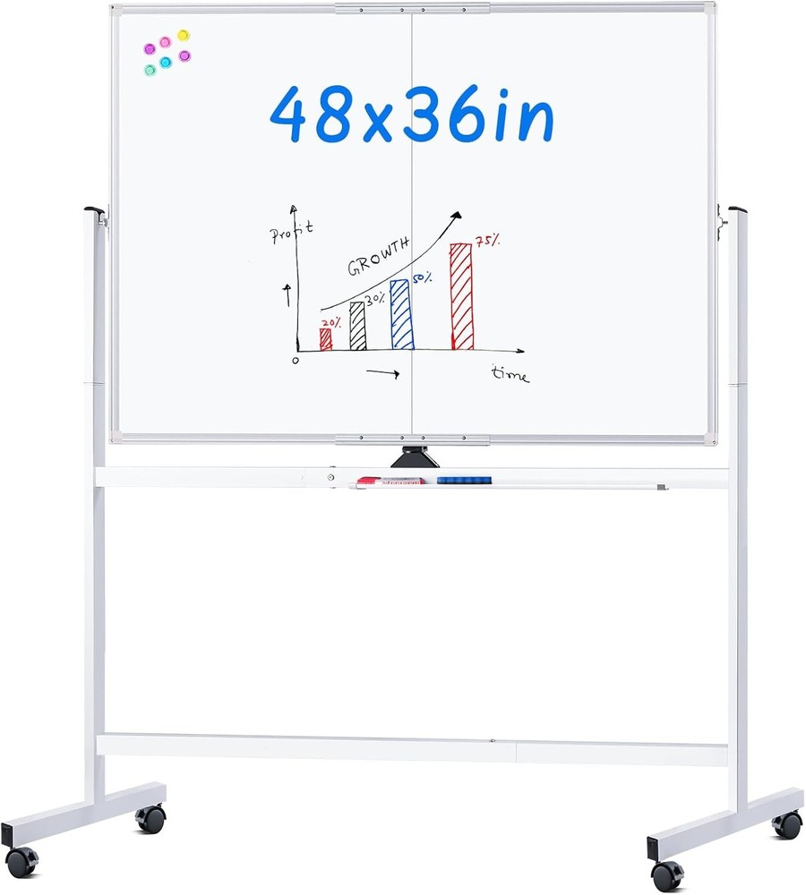 Rolling Whiteboard, 48x36 Large Magnetic White Board with Stands