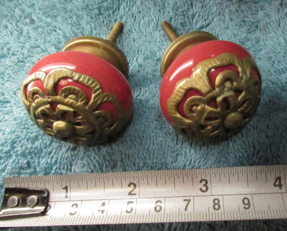 Set of 2 Large RED Round CERAMIC KNOBS with Brass Flower Decorative Drawer Pulls