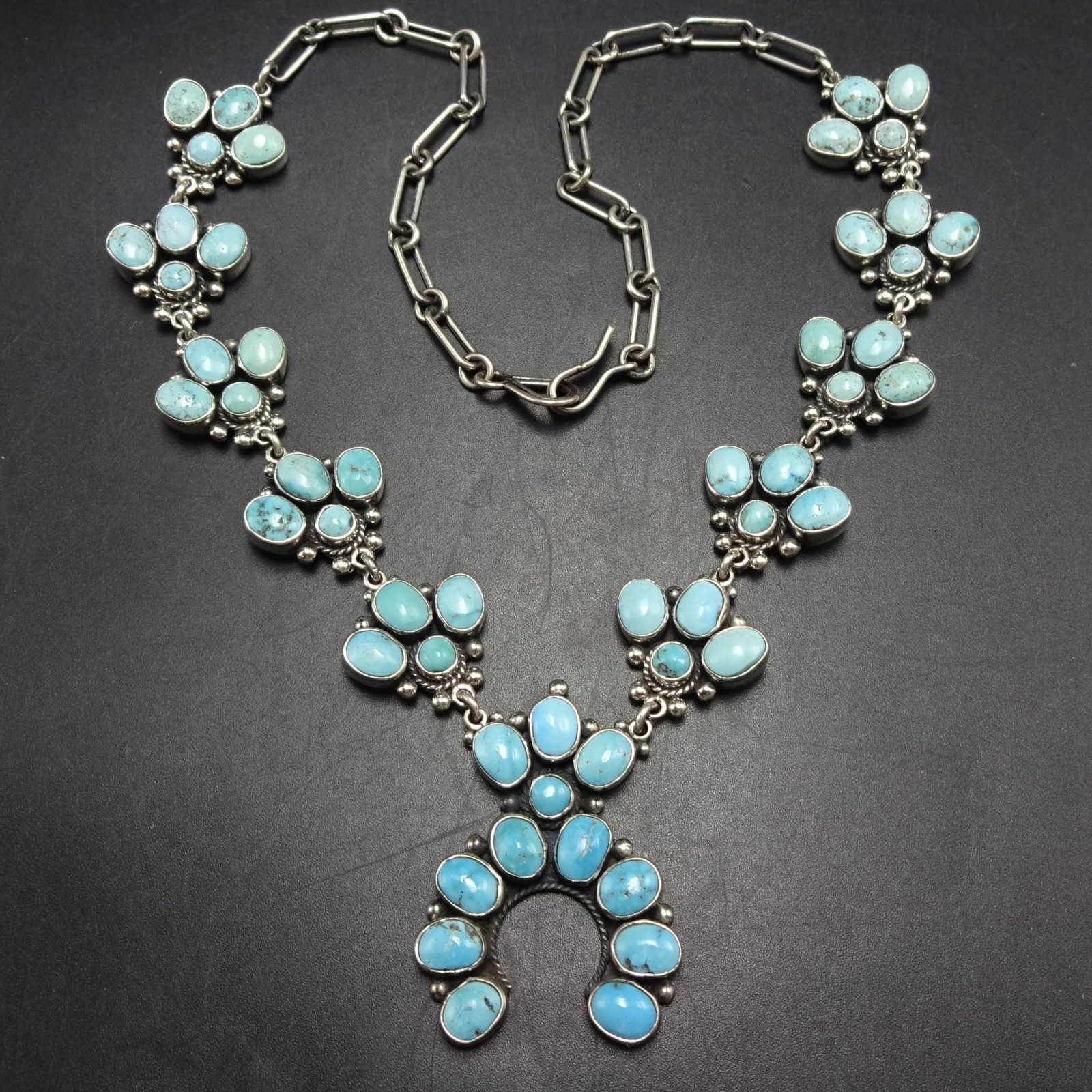 Diminutive FEDERICO JIMENEZ Sterling Silver TURQUOISE CLUSTER Squash Necklace