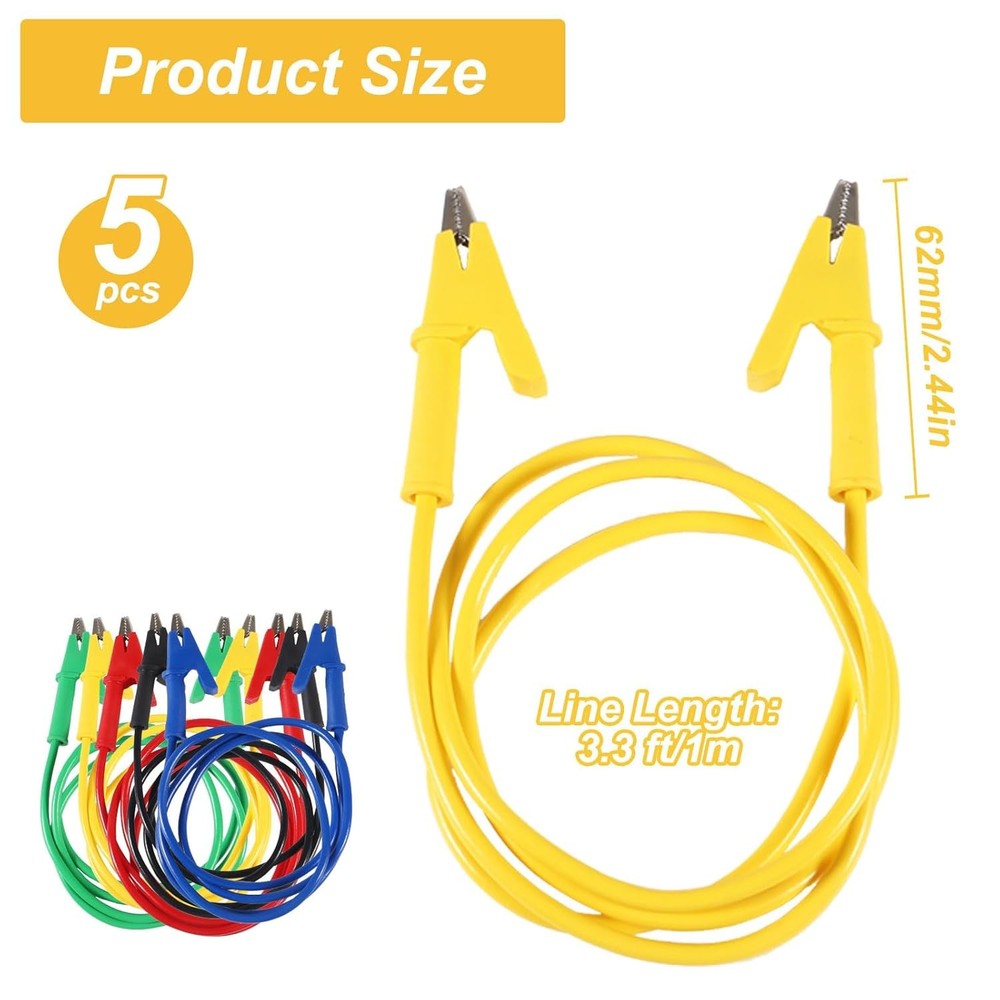 New 5PCS Alligator Clips Test Leads 3.3 ft/1m 15A Wire Cable Electrical Testing