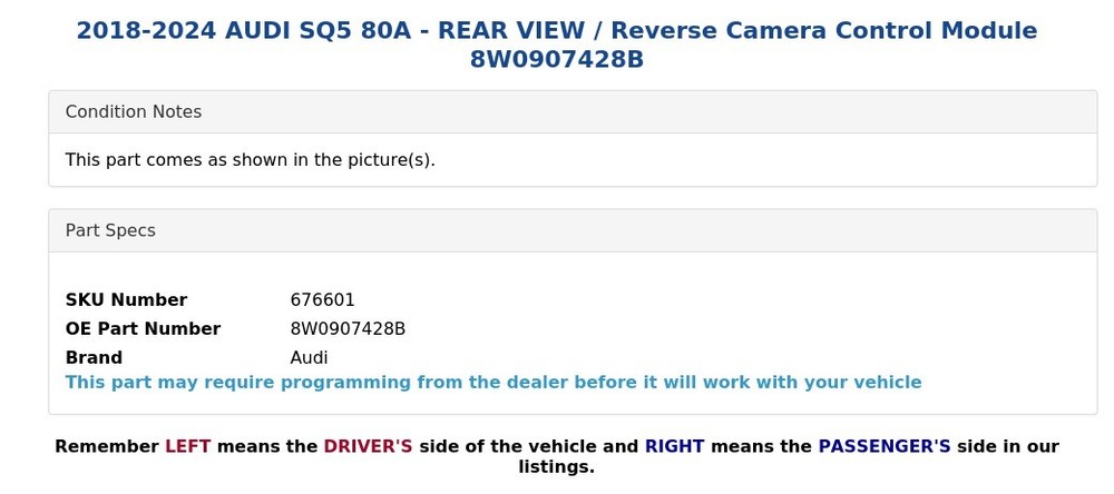 2018-2024 AUDI SQ5 80A - REAR VIEW / Reverse Camera Control Module 8W0907428B