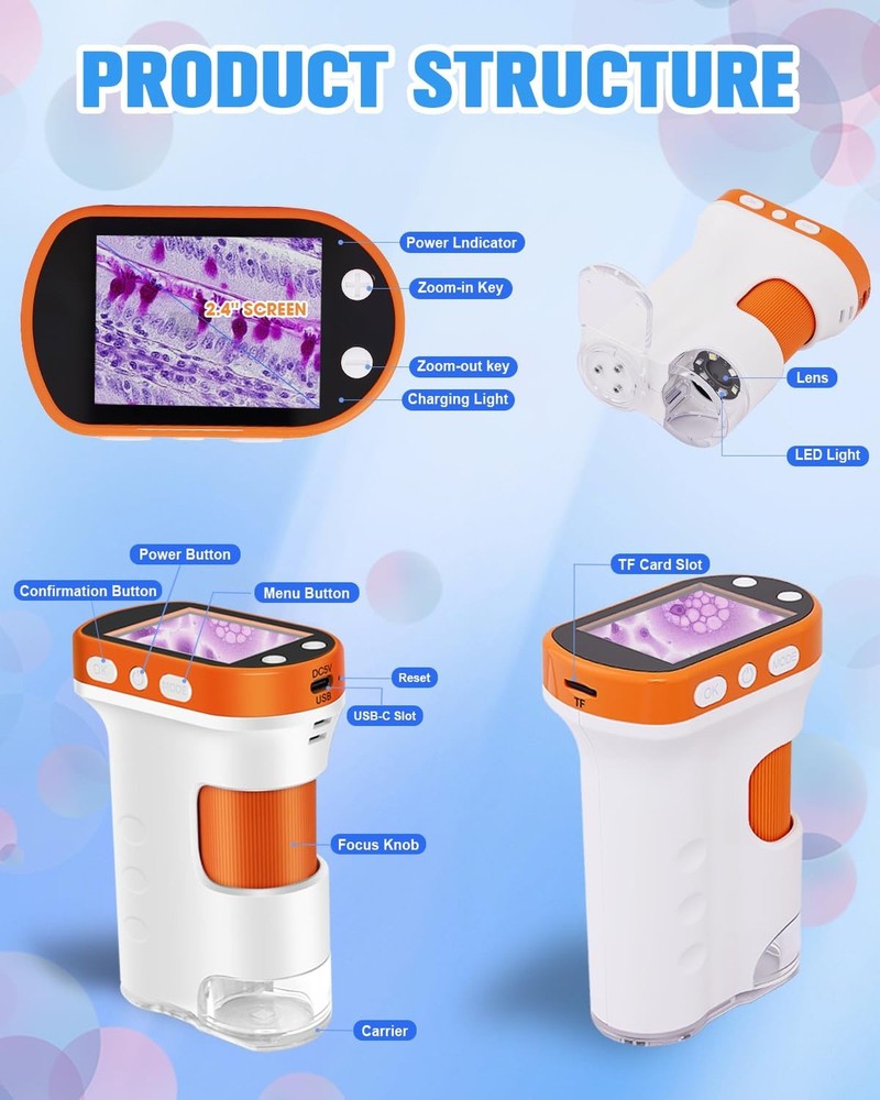Microscope for Kids,100X-1000X Magnifications Digital Microscope-with 2.4”