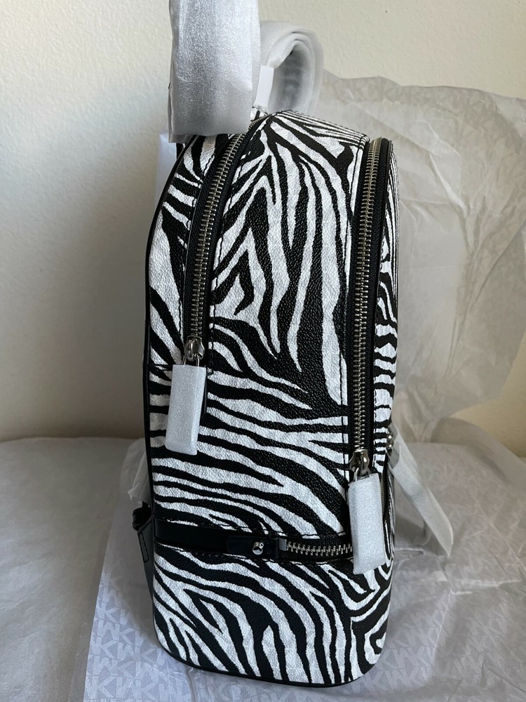 NWT Michael Kors Rhea Zip Medium Zebra Backpack $328 Black/White
