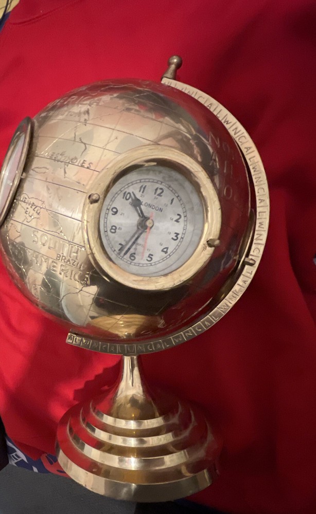 BRASS WORLD GLOBE CLOCK W/FIVE CLOCKS BEVELED GLASS