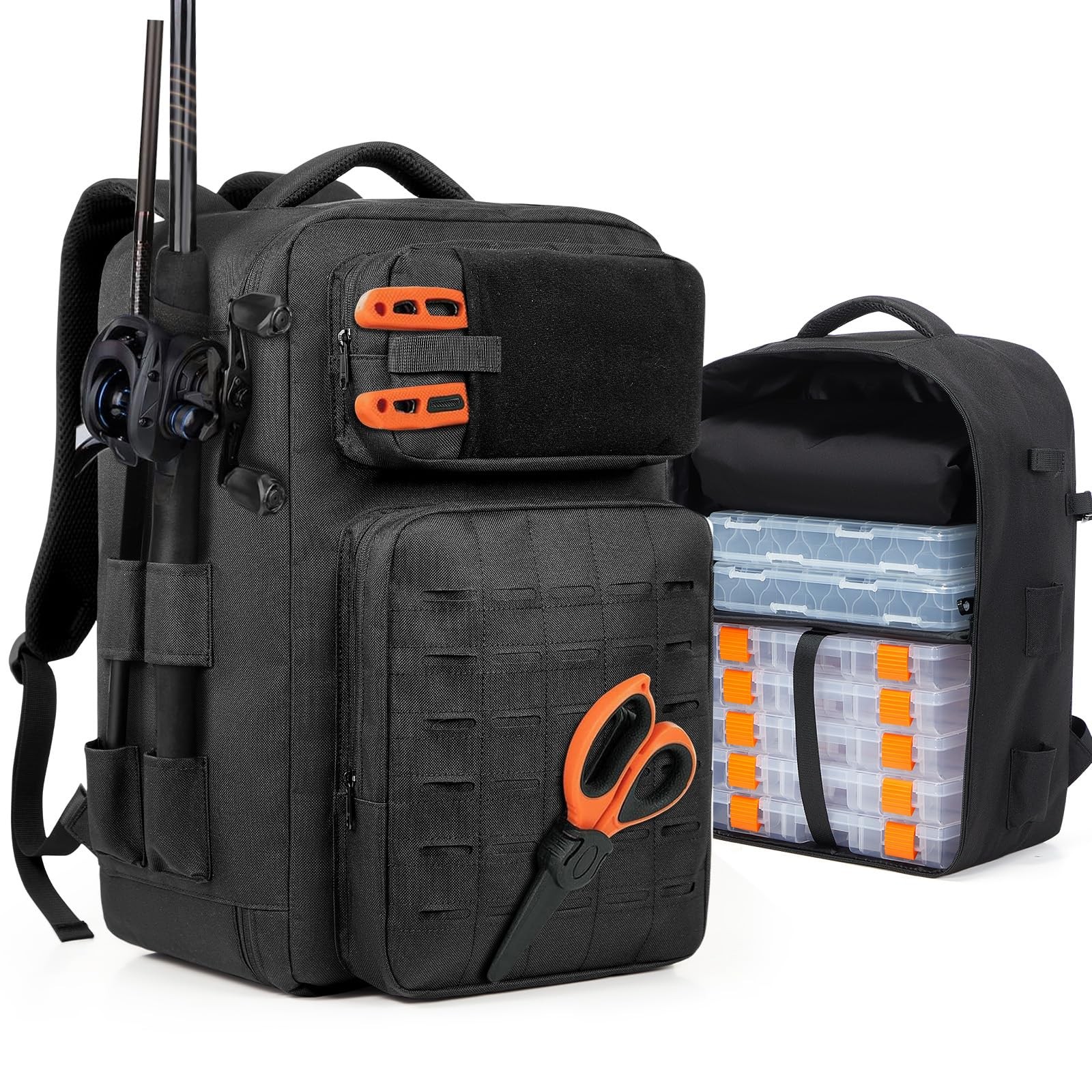 Fishing Tackle Backpack With Rod Holder, 50L Large Water-resistant Tackle Bag...