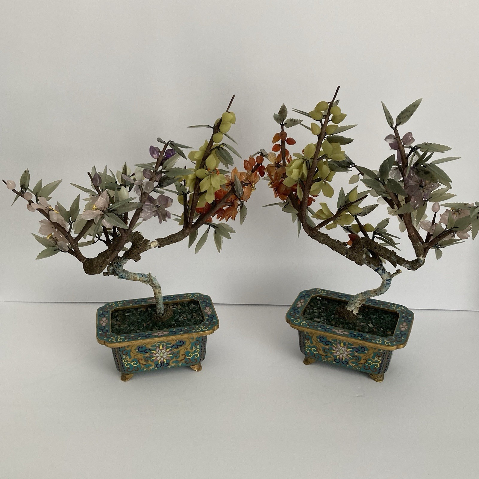 Pair Antique Chinese Jade Bonsai Tree in Cloisonne Pot w Amethyst Carnelian VTG