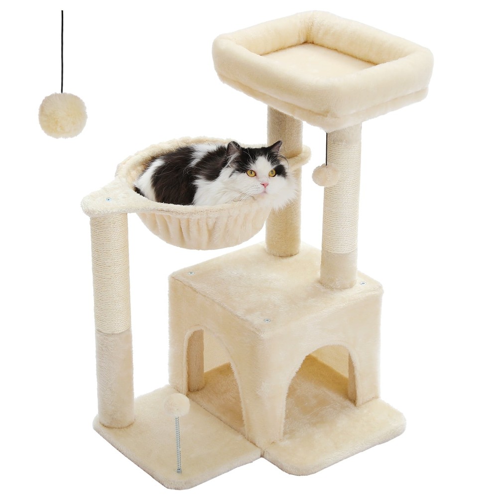 29.5" Cat Tree Tower w Hammock Top Perch & Sisal Scratching Posts Beige