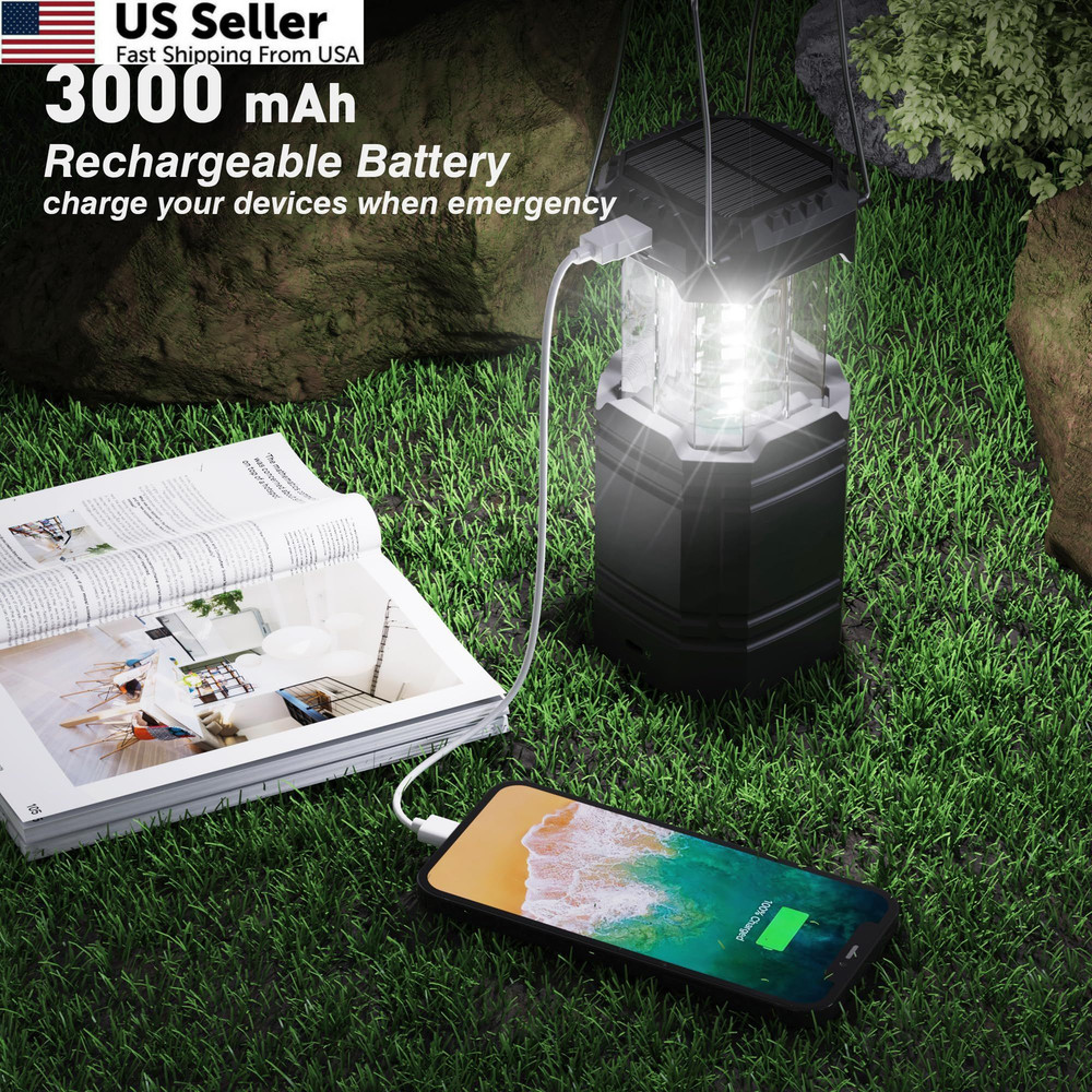 3000mAh Large Capacity Hand Crank Solar Camping Lantern, Small, Black