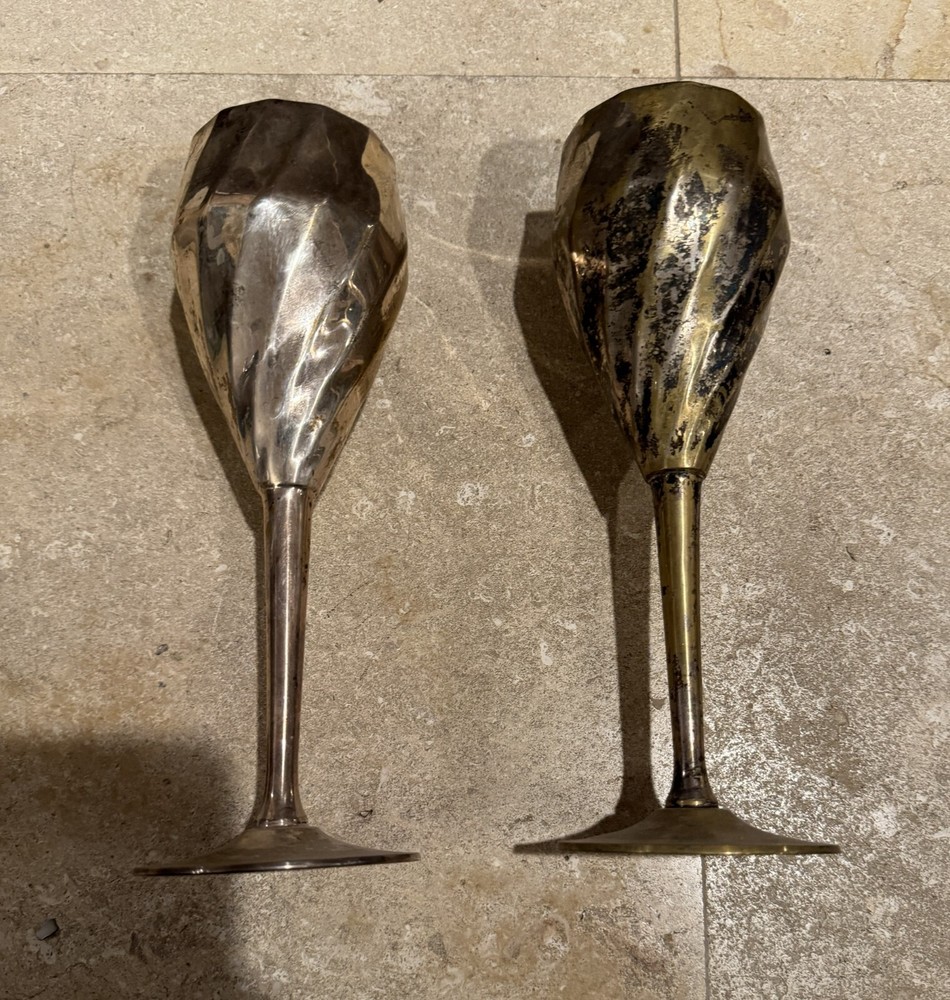 Pair (2) of Silver Plated Long Stem Wine Goblets Decor