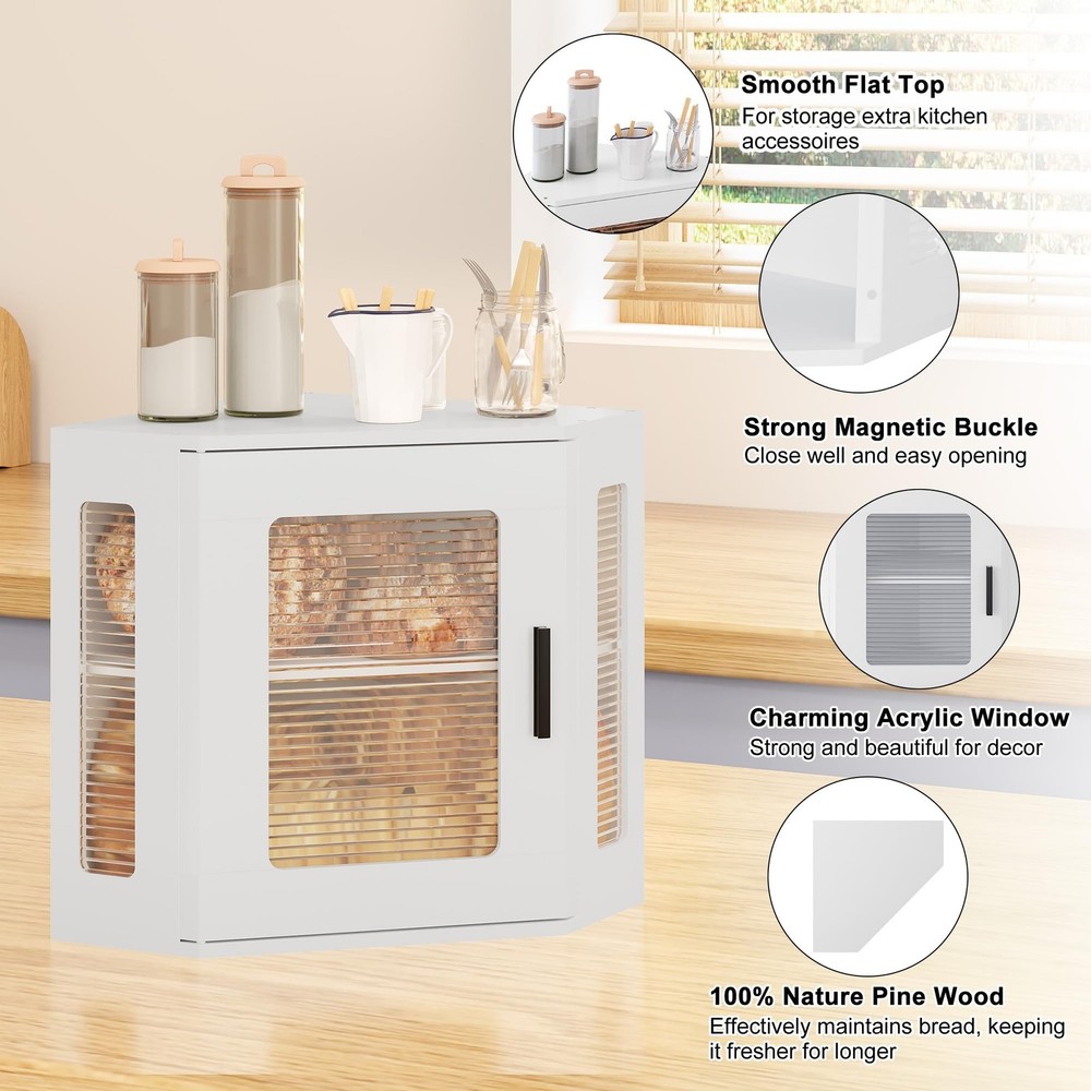 TQVAI Corner Bread Box for Kitchen Countertop, Solid Wood Double Layer Large ...