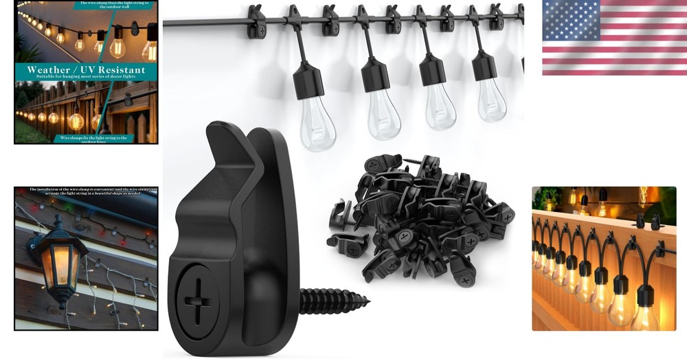Versatile String Light Clips for Indoor/Outdoor Use - Weatherproof Black Hooks