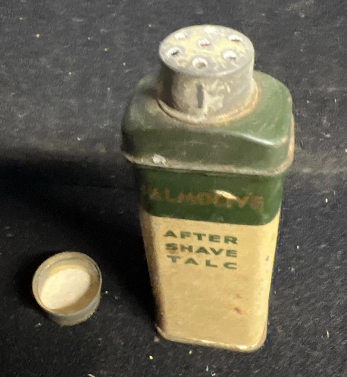 VTG 1950s PALMOLIVE after shave talc ADVERTISING TIN Green Medical Can Tin