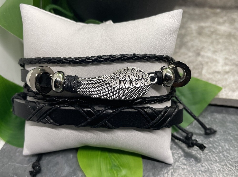 2 PC Leather Bracelet  Stackable Adjustable Tie Free Ship Feather  B3275