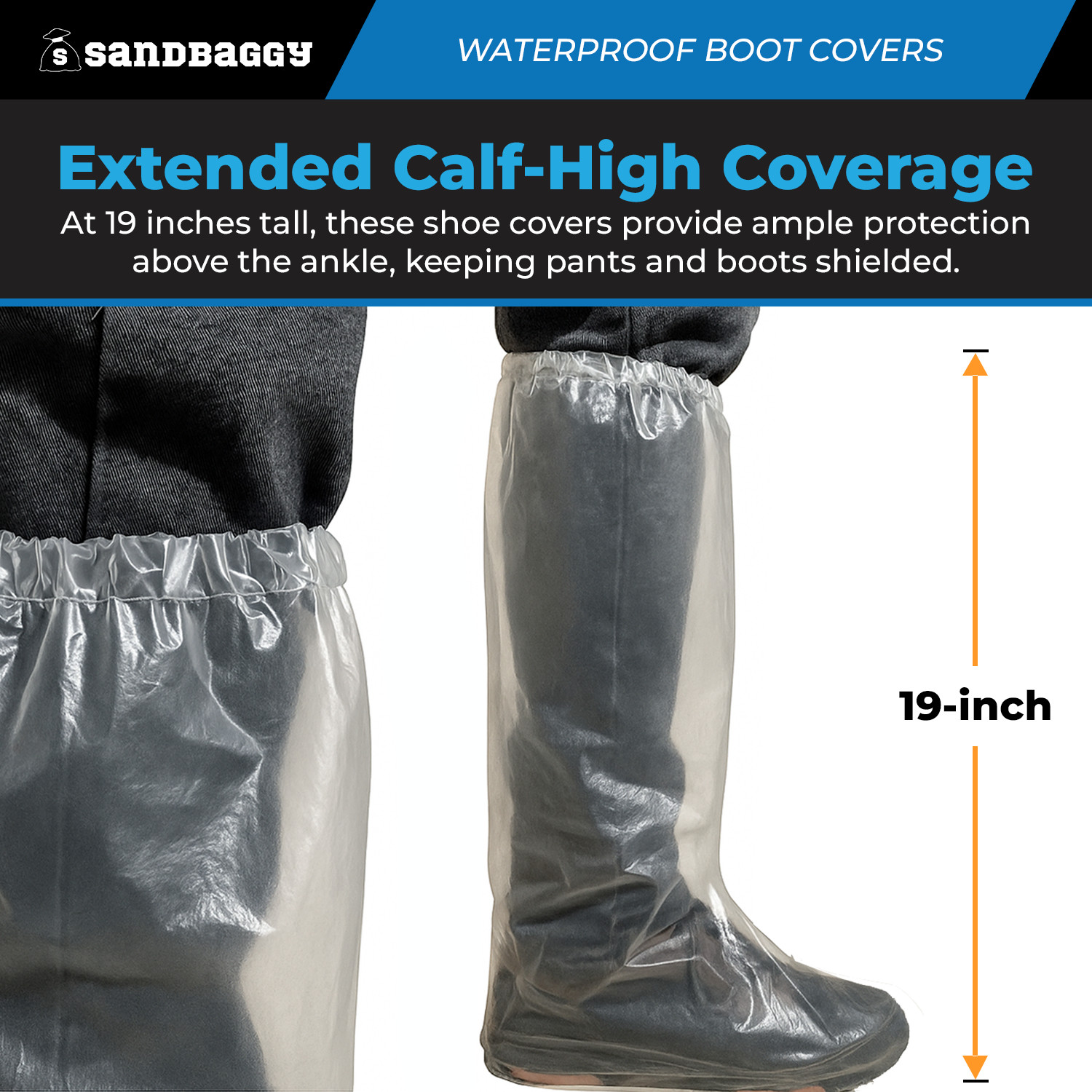 Sandbaggy Waterproof Boot/Shoe Covers - 19" Tall, 3 Mil Disposable (Clear)