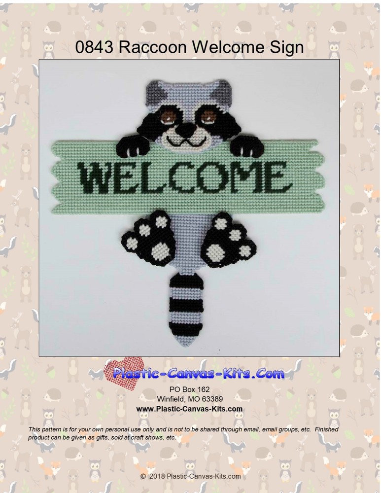 Raccoon  Welcome Sign- Plastic Canvas Pattern or Kit