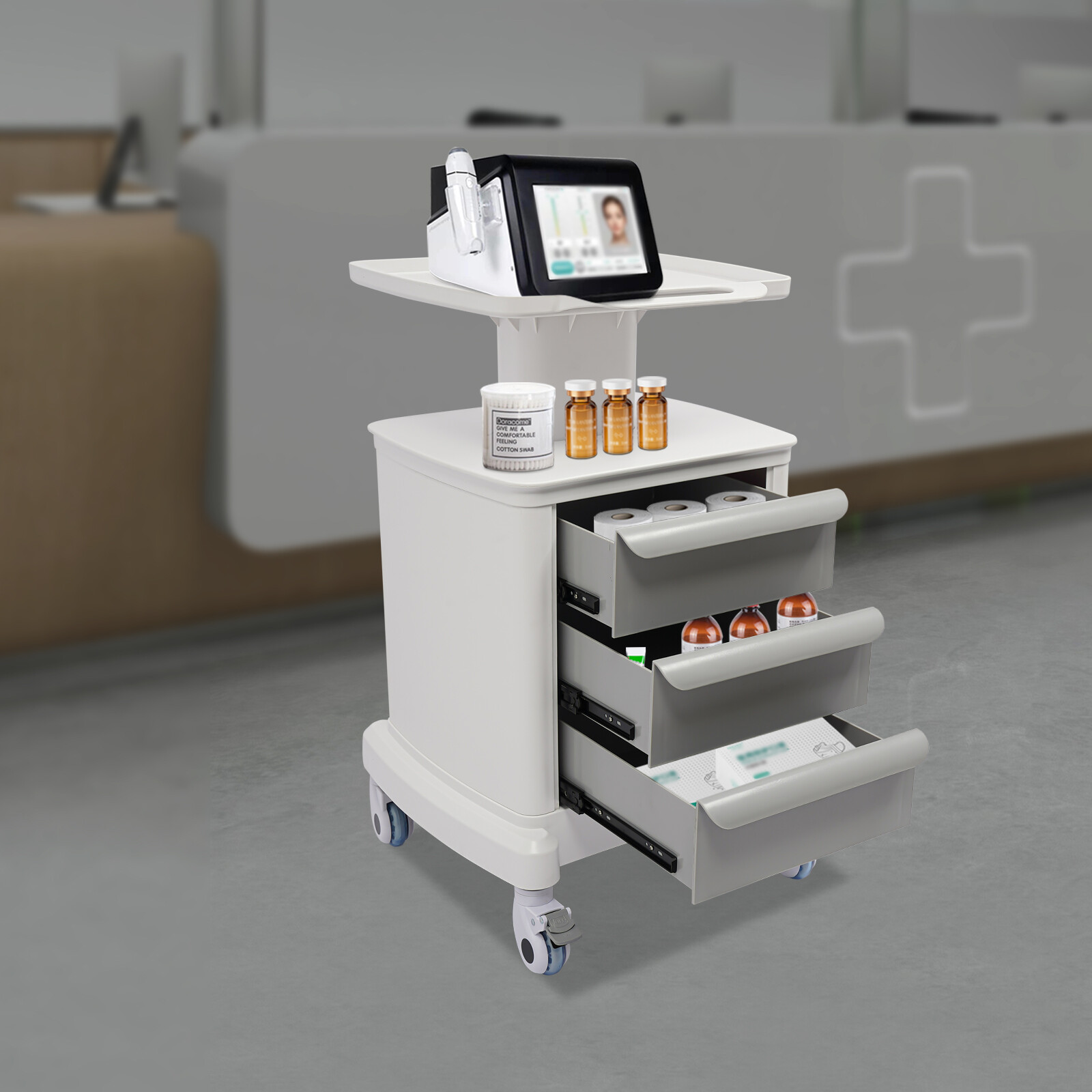 Dental Medical Mobile Cart Instrument Trolley 3 Drawers with Power Socket