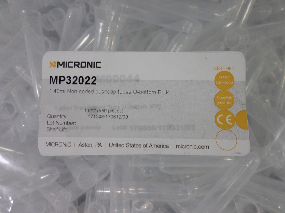 MICRONIC 1.4mL PP U-Bottom Sample Storage Pushcap Test Tubes MP32022 (3840/Case)