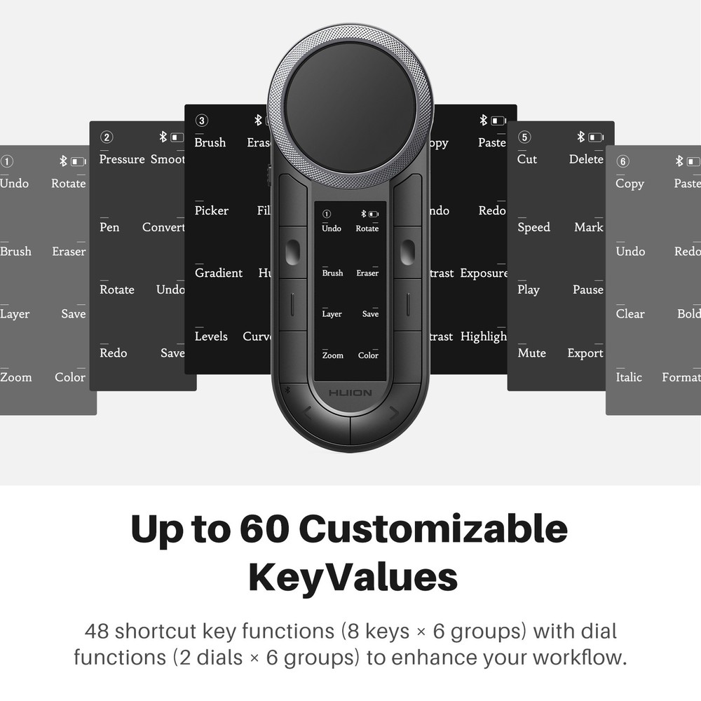 HUION Keydial Remote Bluetooth Programmable Keypad Dual Dials 60 Customized Keys