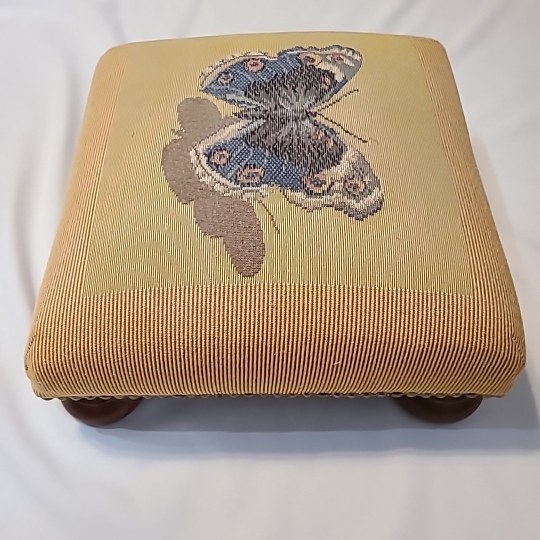 Vintage needlepoint butterfly footstool 13" x 13" x 5" Wooden Feet