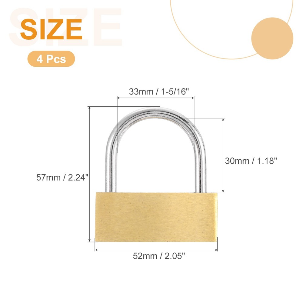 4Pcs Solid Brass Padlock with Key 2" Wide Body Small Locks Lock