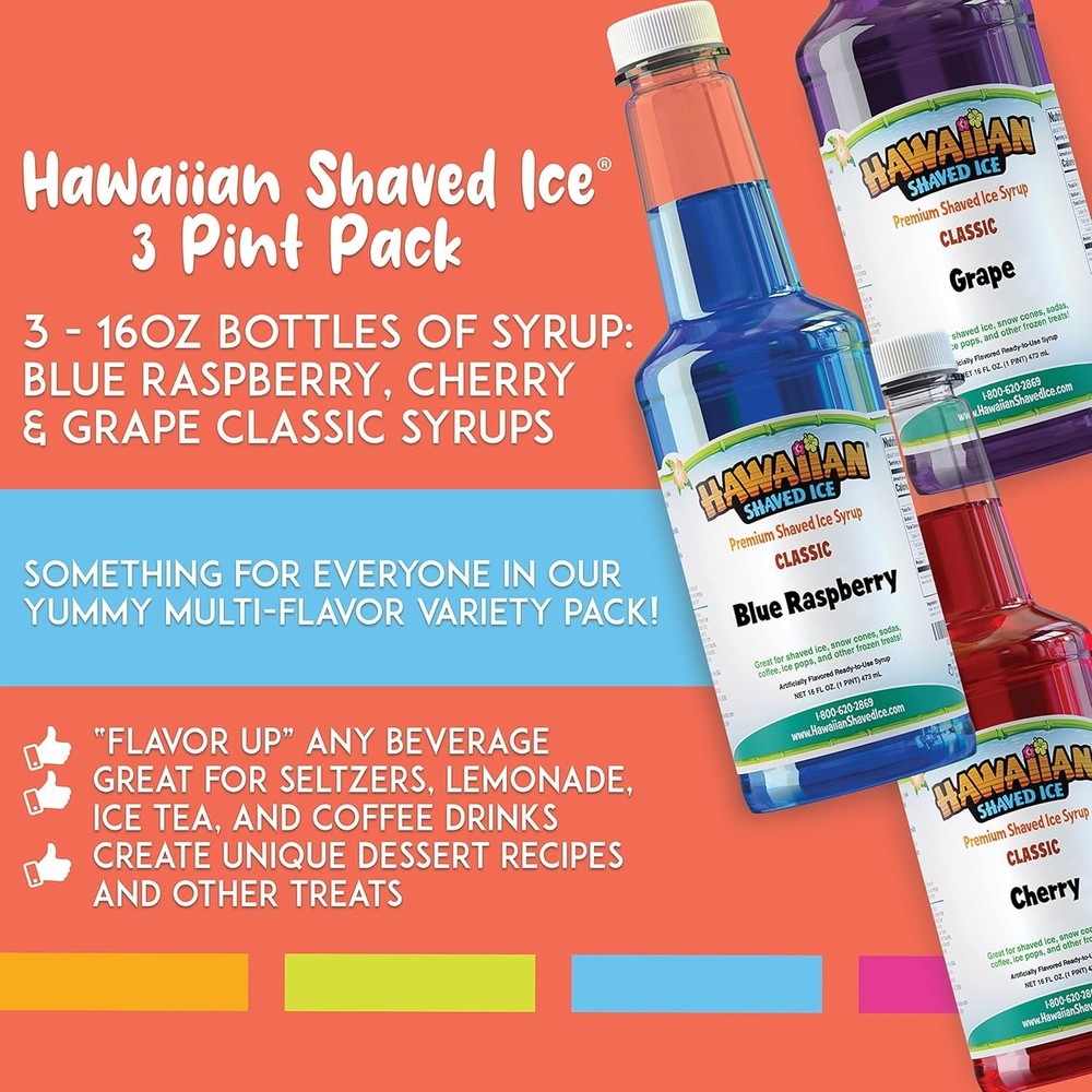3-Pack Shaved Ice Syrup: Cherry, Grape & Blue Raspberry, No Refrigeration Needed