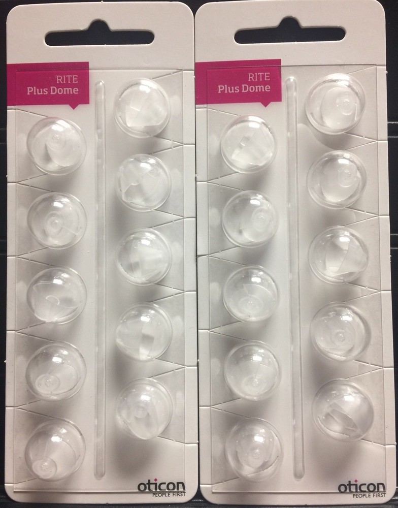 2 Packs Oticon Rite Plus Domes. 10 Domes/pack, 20 Domes Total.