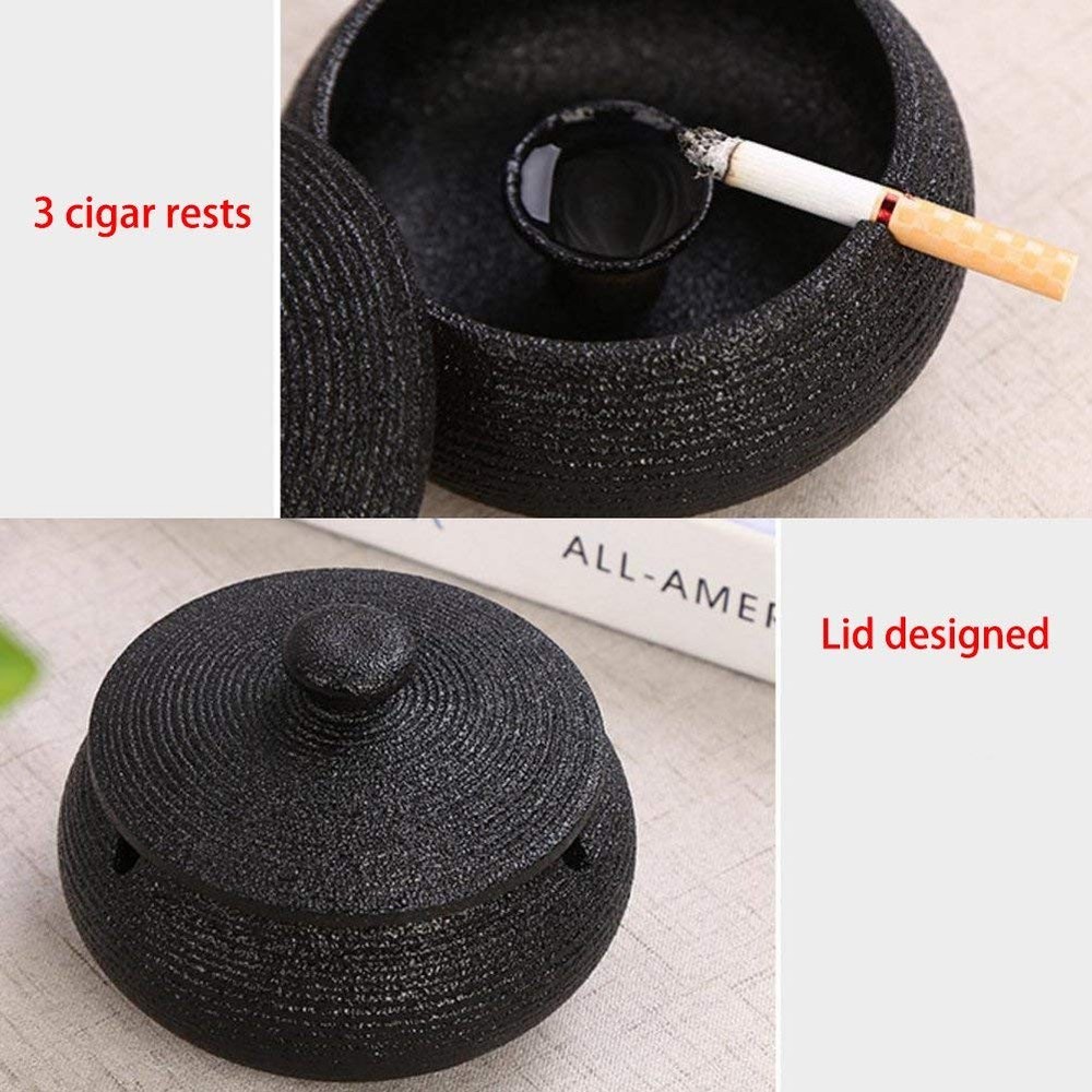 Ceramic ashtray with lid windproof indoor outdoor black