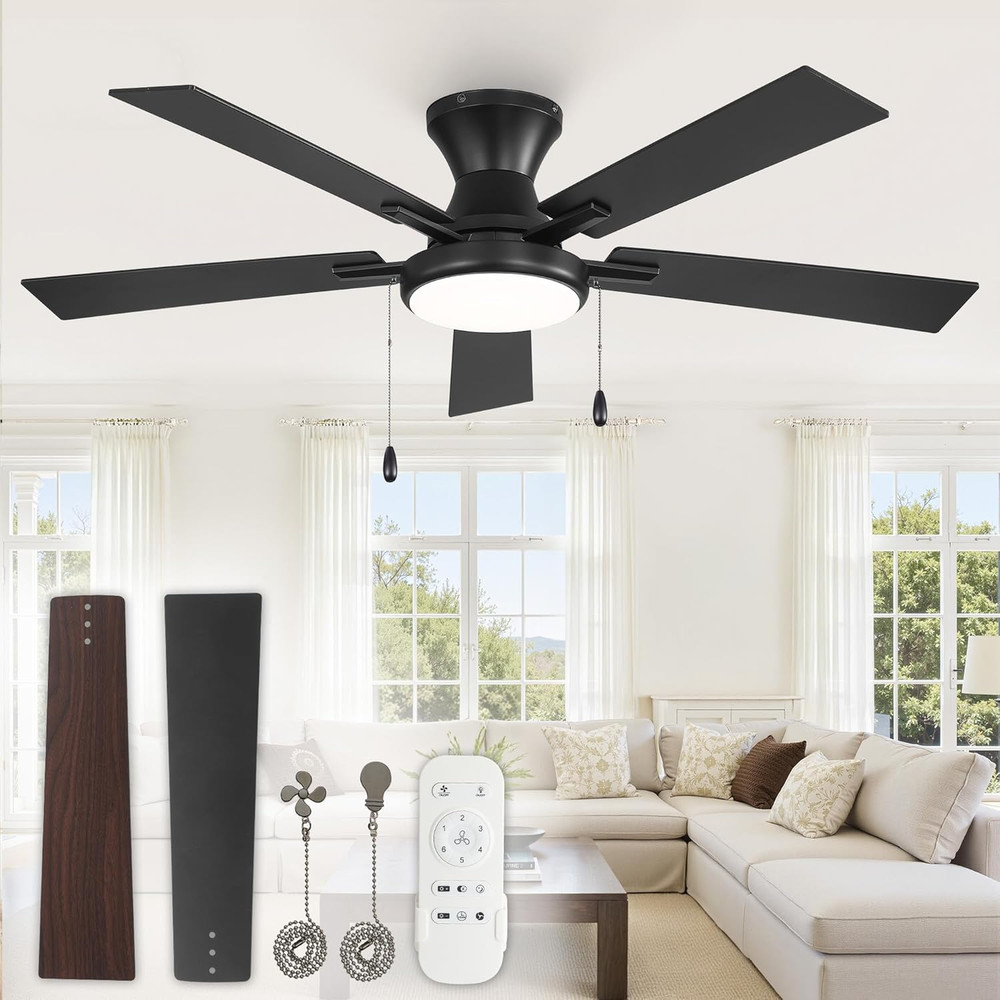 52" Black Ceiling Fan with Remote, Dimmable Lights, Quiet Operation
