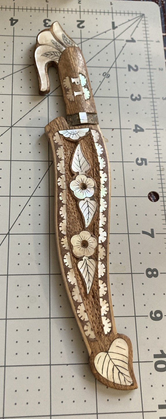 Vintage Philippines Bolo Knife with Sheath Scabbard Used Carved Wood