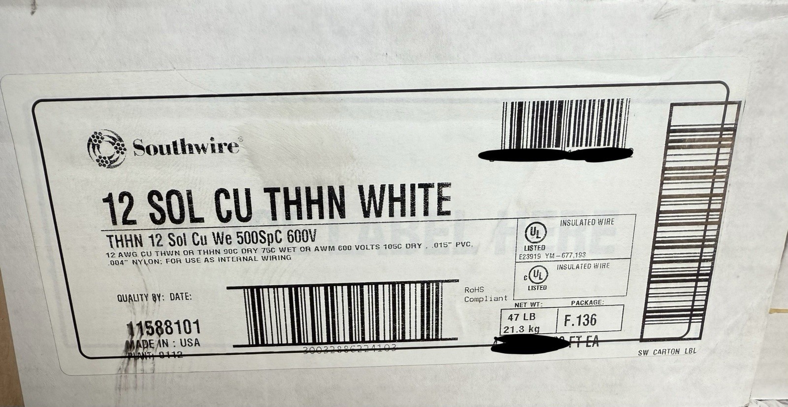 NEW Southwire 11588101 THHN Building Wire Solid Cu, 12 AWG, White, 500 ft.