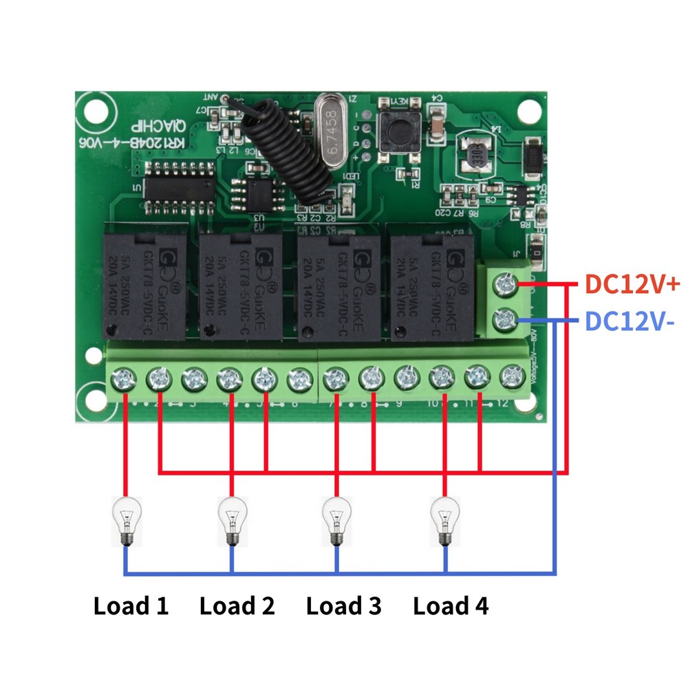DC 4CH Channel 443MHz Wireless RF Remote Control Relay Switch With 2 Receiver