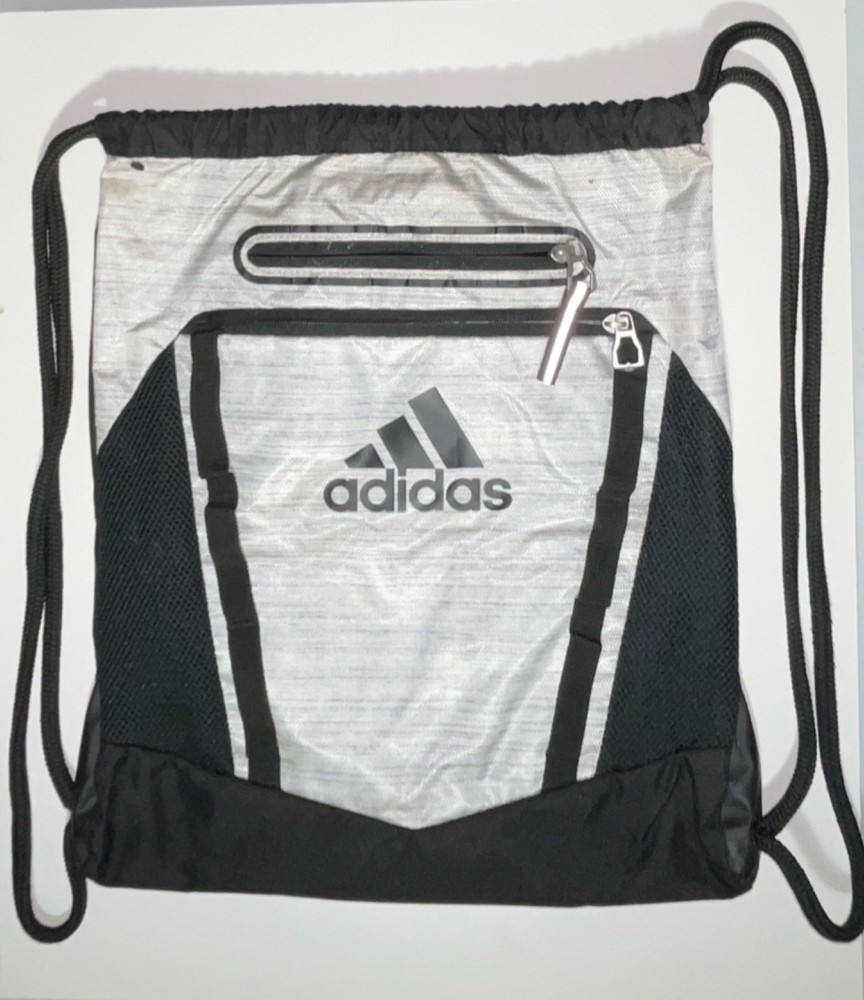 adidas Gray Black Drawstring Gym Bag Polyester 3 Pockets Adjustable Strap Mesh