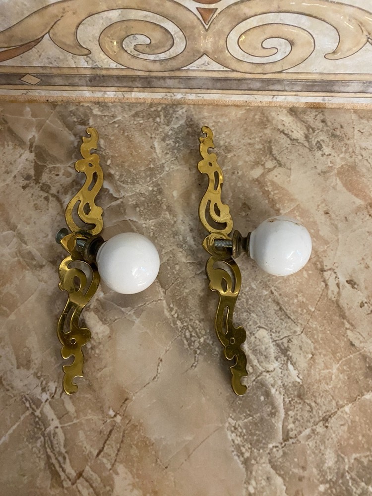 2 solid brass & white porcelain knob drawer pulls & single brass hook lot