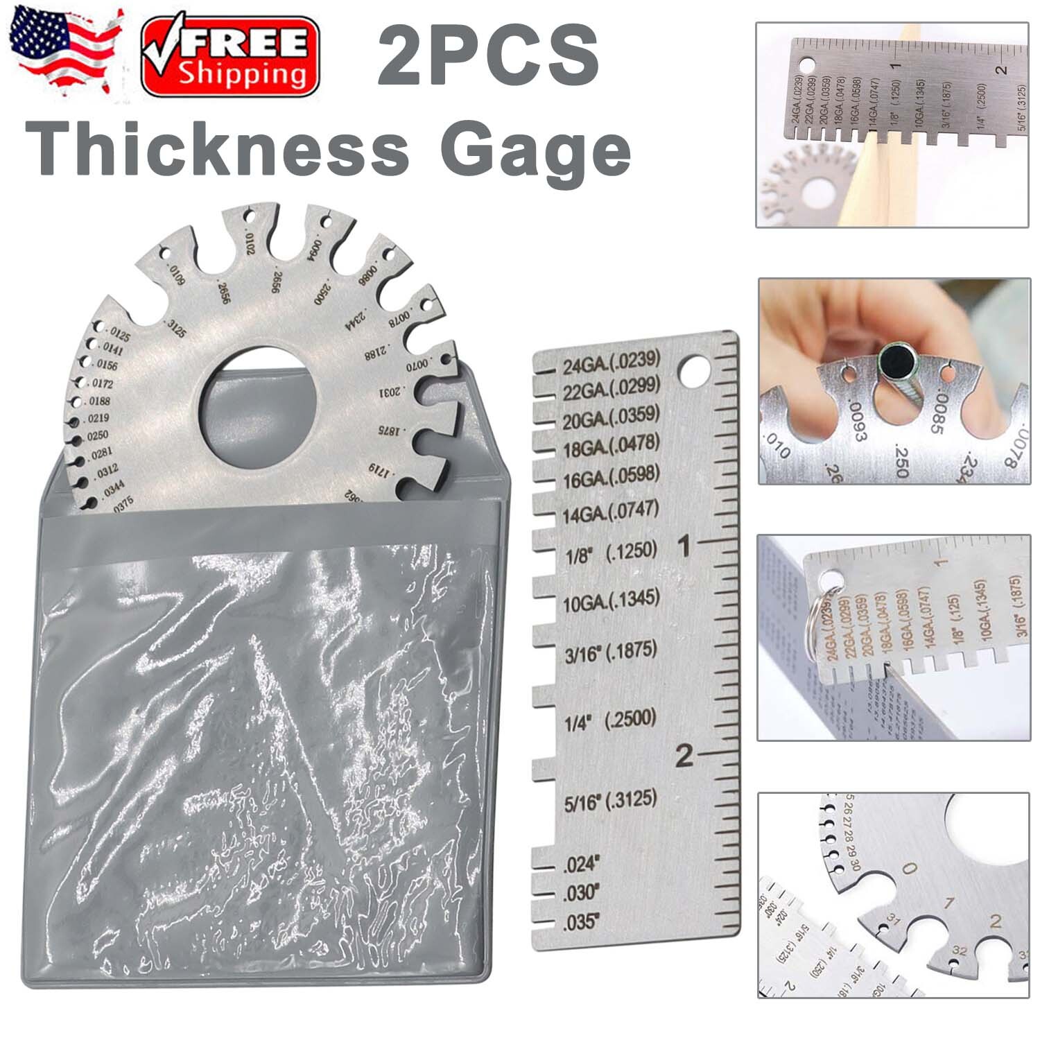 2PCS Sheet Metal Gauge Thickness Gage Wire Gauge Round Measuring Tool Stainless
