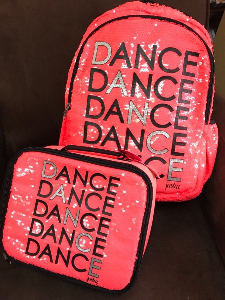 JUSTICE “DANCE DANCE DANCE” SEQUINS BACKPACK & LUNCHBOX SHIMMERING CORAL