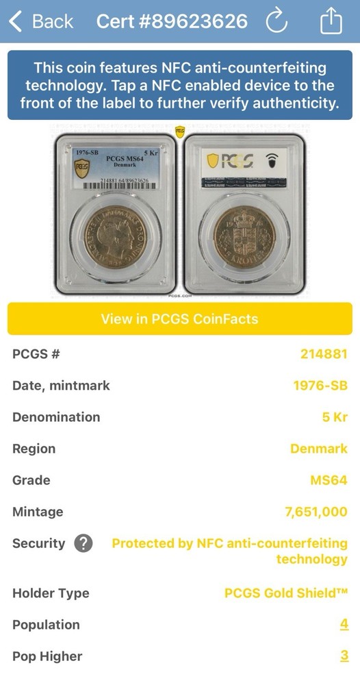 1976-SB Denmark 5 Kroner PCGS MS 64