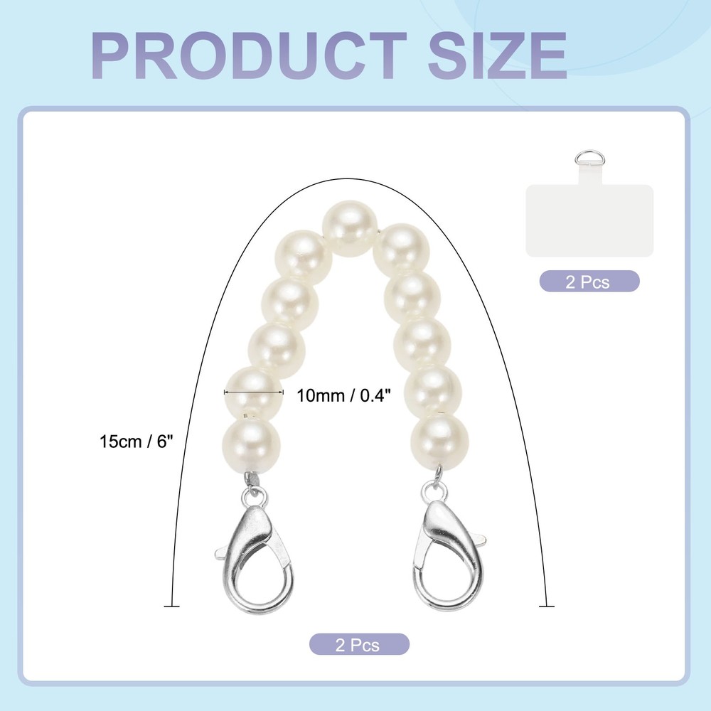 2Pcs Phone Wrist Strap 6" Cellphone Pearl Chain with Tether Tabs & Silver Clasp