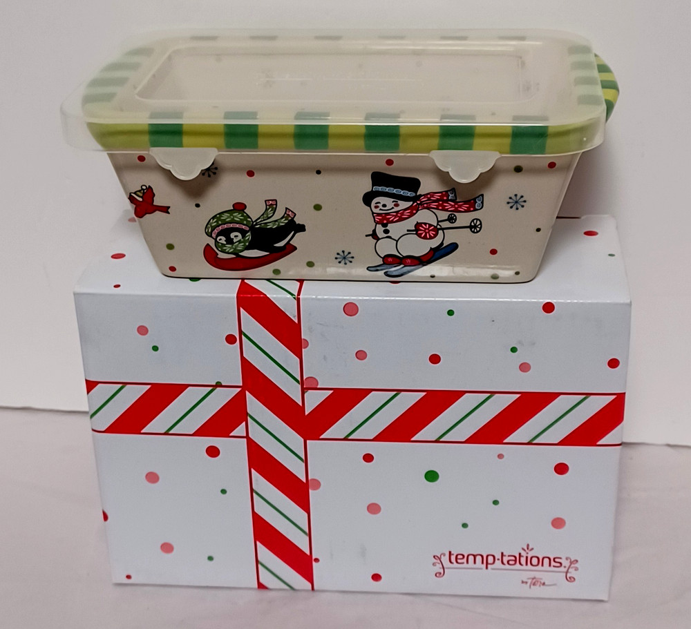 Temptations Winter Whimsey Pattern 12oz Baking Mini Loaf Pan With Lid Gift Box