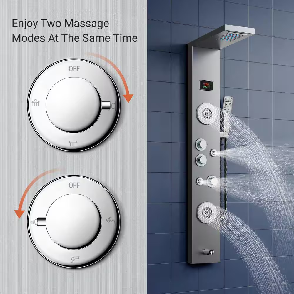 55 In. 6-Jet LED Rainfall Waterfall Shower Panel System with Adjustable Hand Bod