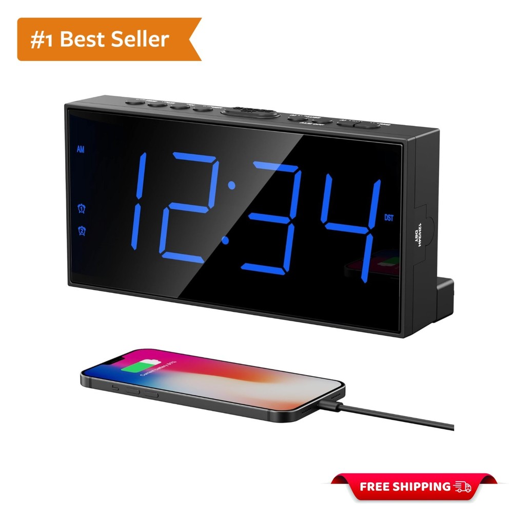 Modern Dual Alarm Clock with Extra Large Numbers & USB Charging for Easy Setup