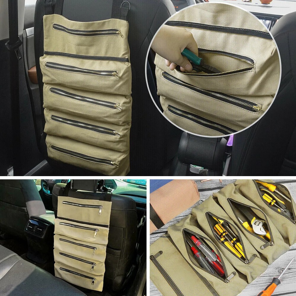 Khaki Car Backrest Canvas Tool Organizer Multi-Purpose Tool Roll Up Bag 5 Pocket