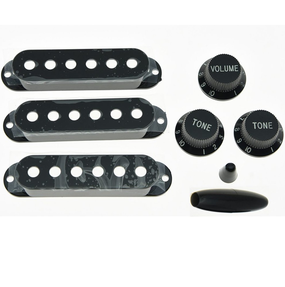KAISH Black ST Pickup Covers ST Knobs Switch,Trem Arm Tip for Strat