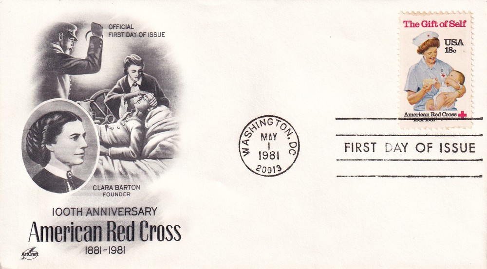 STAMP US SCOTT 1910 "American Red Cross " BARTON 18 CENT 1981 FDC - F