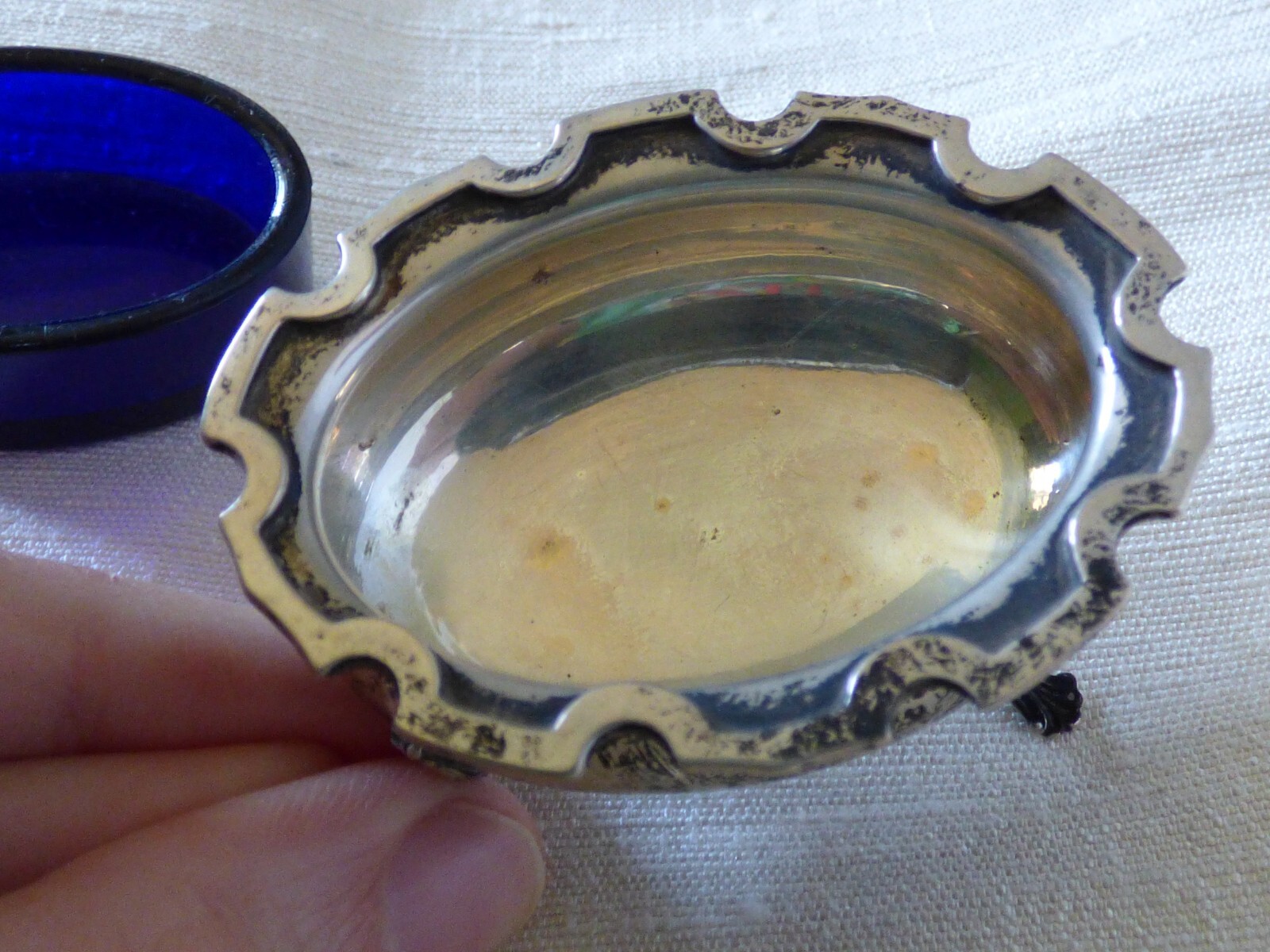 Sterling Silver Salt Cellar With Cobalt Blue Glass Liner & Spoon Webster Company