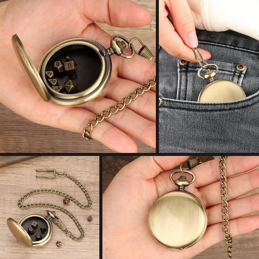Mini DND Dice Set with Smooth Pocket Watch Shell Case, 7pcs Polyhedral Metal D&D